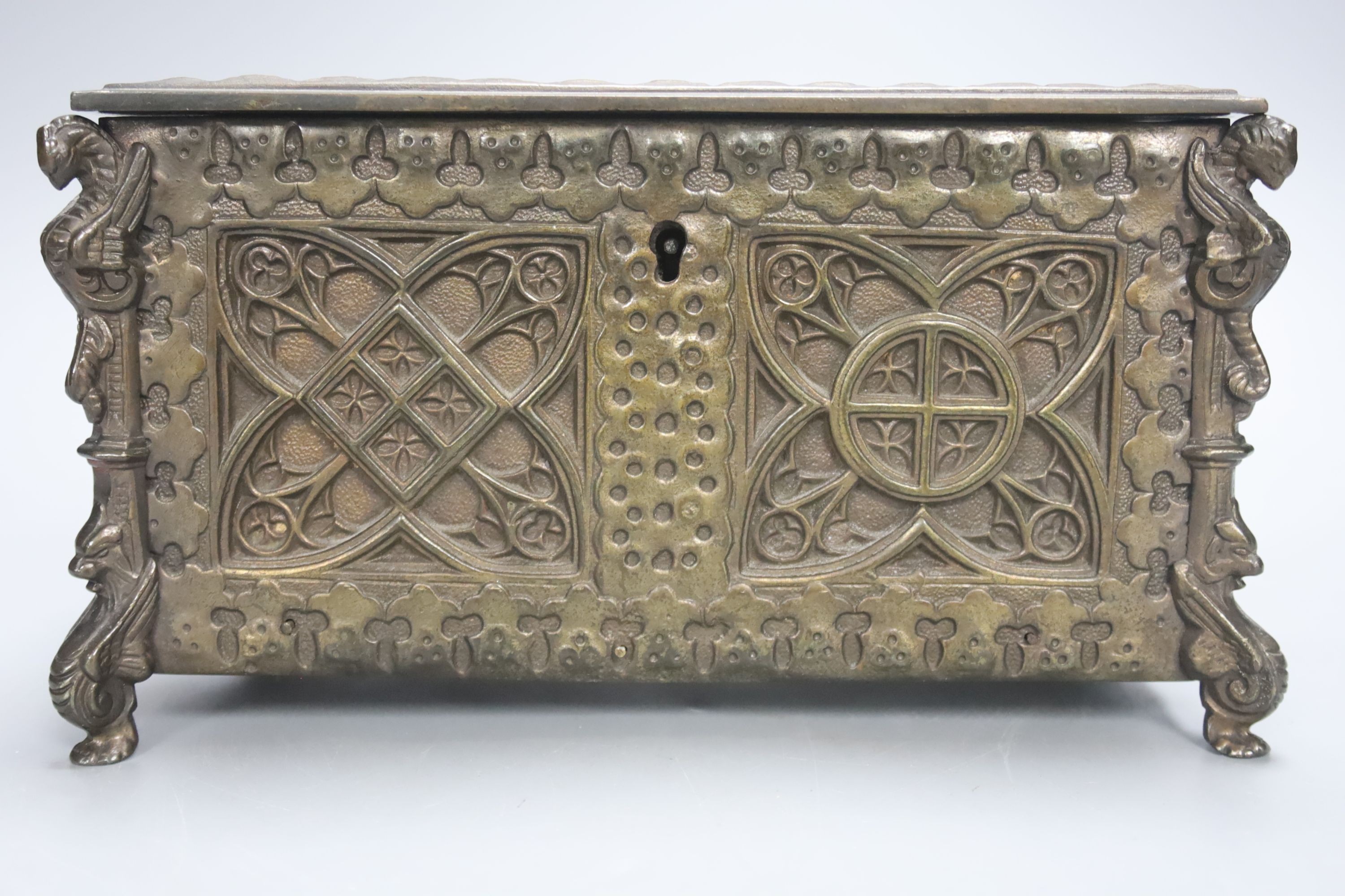 A Gothic style bronze casket, 20 cms wide x 11 cms high.